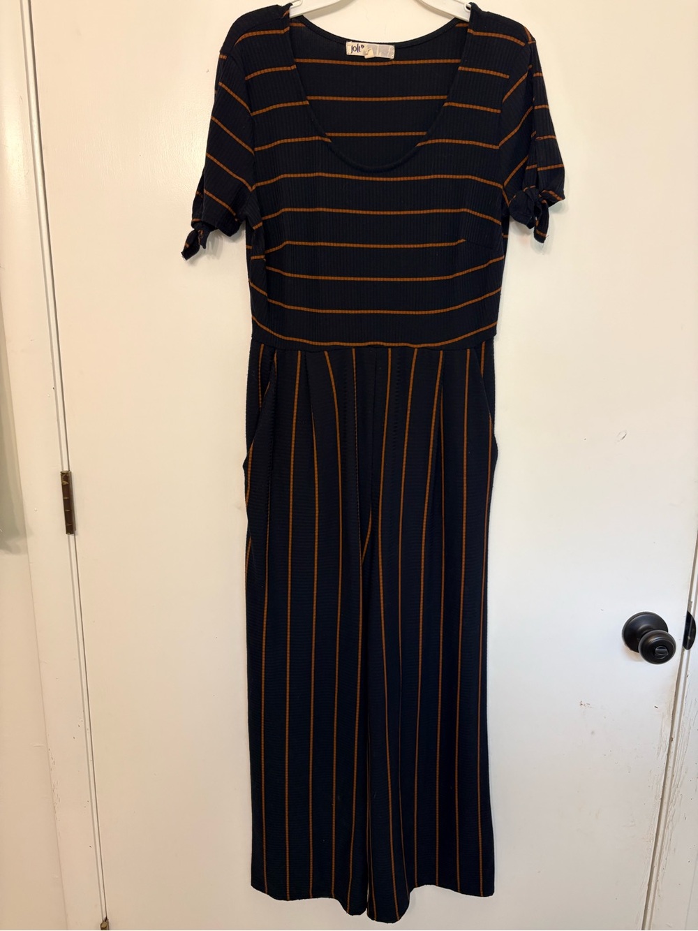 Womens SM Ribbed Black and Brown Jumpsuit Romper Wide Leg Relaxed Fit Pockets